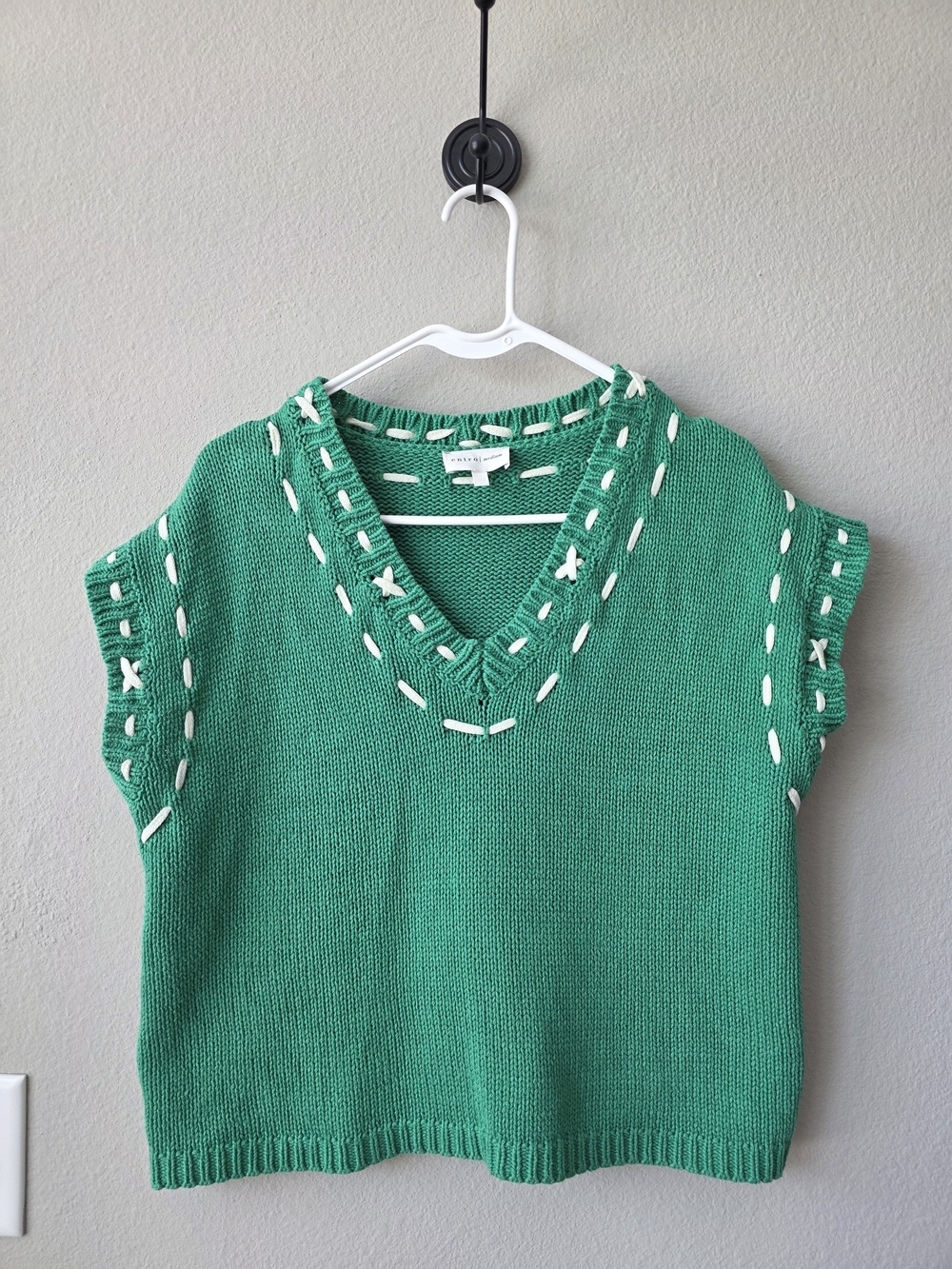 entro Emerald Green V-Neck Knit Sweater Vest with White Stitching